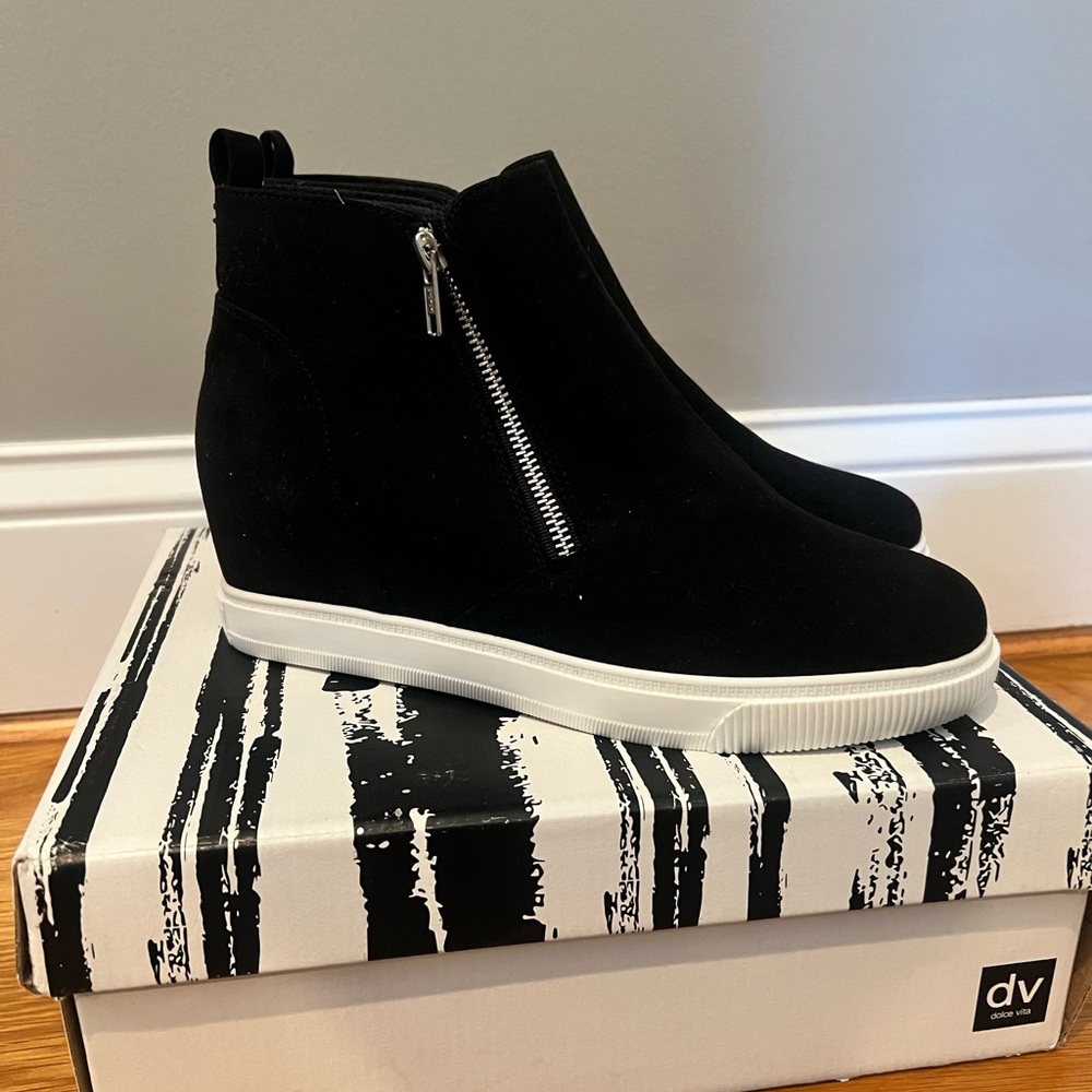 Brand New Black Suede Wedge Sneaker Boot with Side Zipper- Dolce Vita